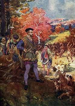 Jacques Cartier ordonnant des tirs de canon pour impressonner les Indiens - Gravure d'après H. SANDHAM