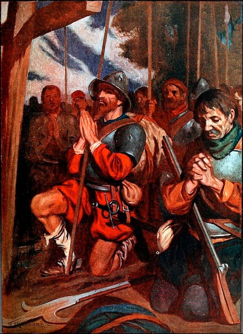 Les conquistadors prient avant d'entrer à Tenochtitlán