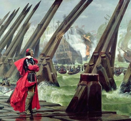 Le cardinal de Richelieu aux bords de La Rochelle, face à lui des navires assiégeant la ville.