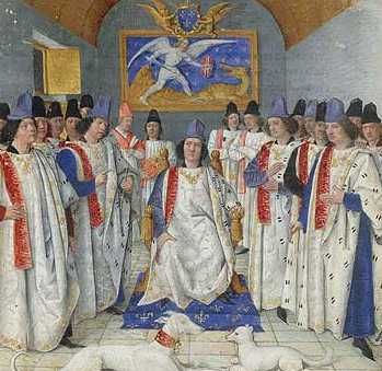 Louis XI préside le chapitre de Saint-Michel (Statuts de l'ordre de Saint-Michel, enluminure de Jean Fouquet, 1470
  Paris, BnF, département des Manuscrits, Français 19819, fol. 1)
